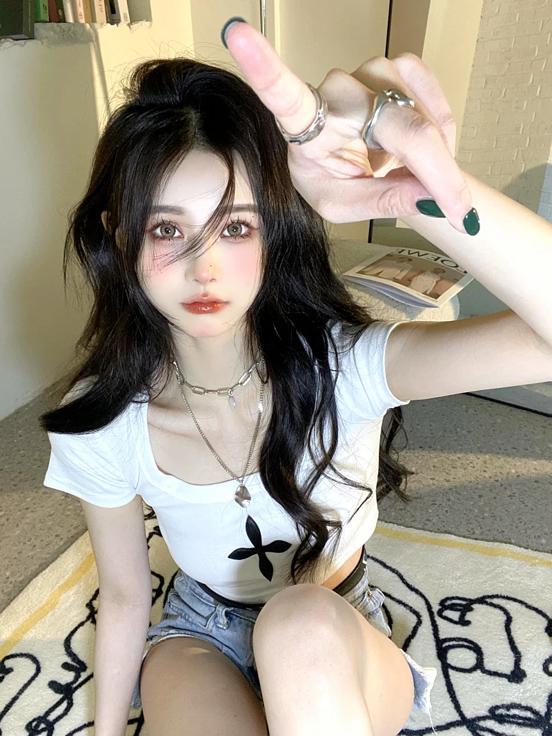 하이웨이스트 크롭탑 여성 여름 타이트핏 재즈댄스 또는 스트릿 스타일 프린트 코튼 블렌드 기하학 패턴 티셔츠