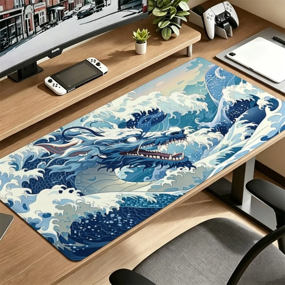 Colorful Mythical Blue Dragon Leaping Over Ocean Waves Print Large Mouse Pad, Polyester Surface, Anti-Slip and Wear-resistant