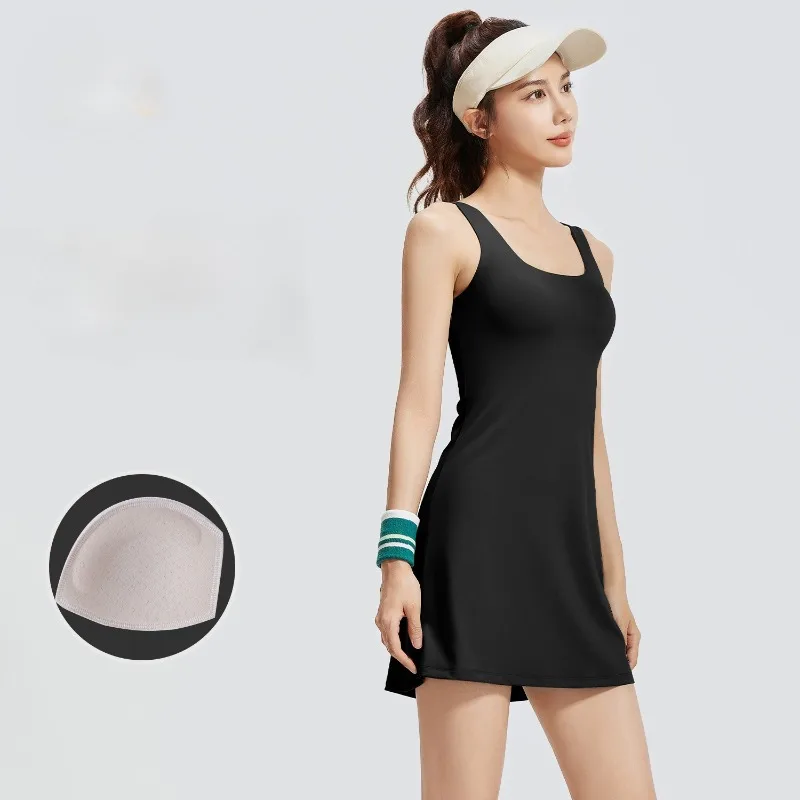 

Sean Tsing Women's Yoga Tennis Golf Dress Gym Sleeveless Blackless with Chest Pad Training Badminton Sports Vestidos Para Mujer