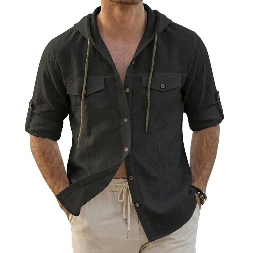 Mens Premium Long Sleeve Casual Top Summer Henley Shirts Beach Hawaiian Tees Lightweight Button Hooded Streetwear for Modern Men