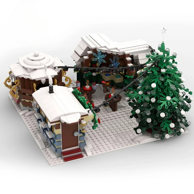 MOC-52465 aldeia de inverno mercado de natal barracas blocos de construção conjunto natal snowscape modelo arquitetônico diy crianças brinquedos presente