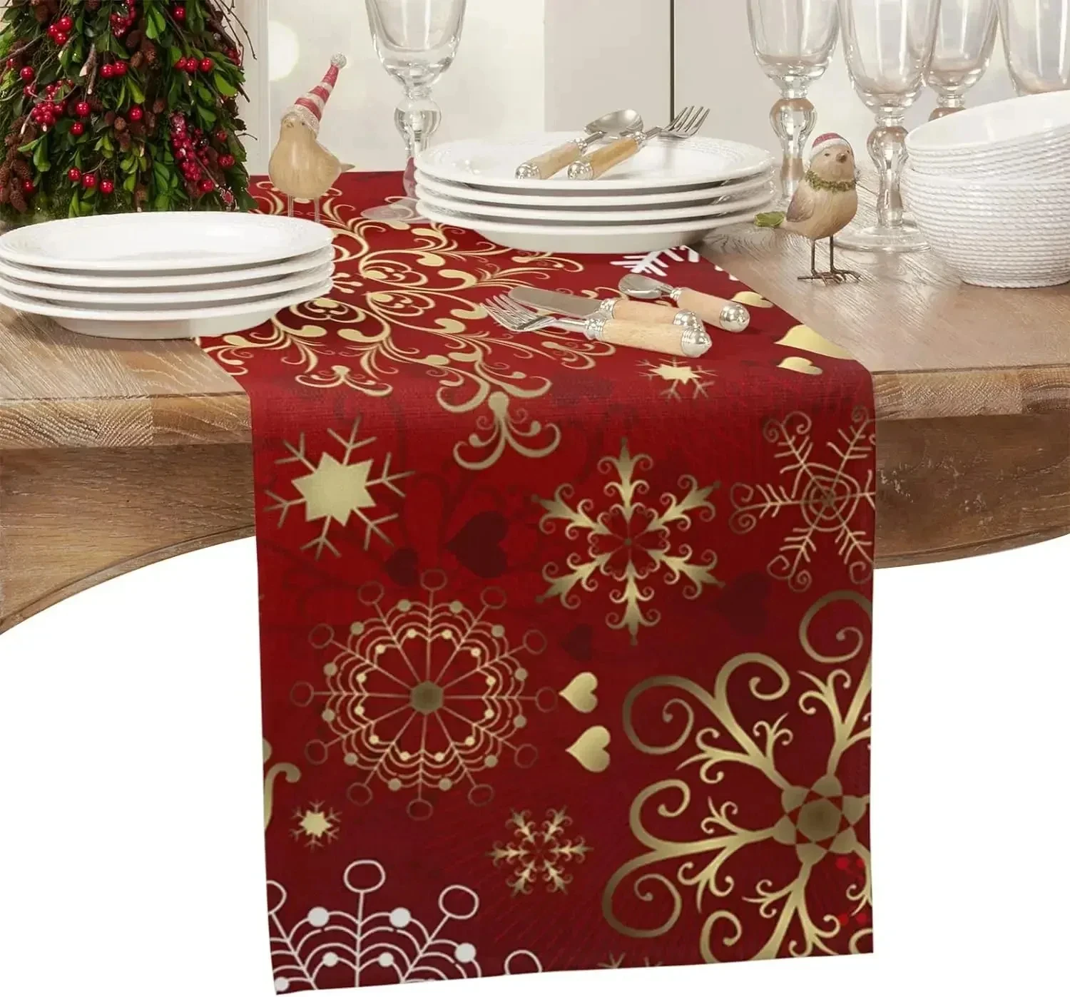 JIT Christmas Gold Snowflake Table Runner Red Festive Holiday Table Decor Durable Home Dining Room Party for Christmas Ambiance