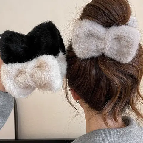 1PC Fuzzy Bow Hair Claw Clips For Women, Plush Multi-color Hair Accessory, Autumn Winter Soft Hair Grip, Korean Style