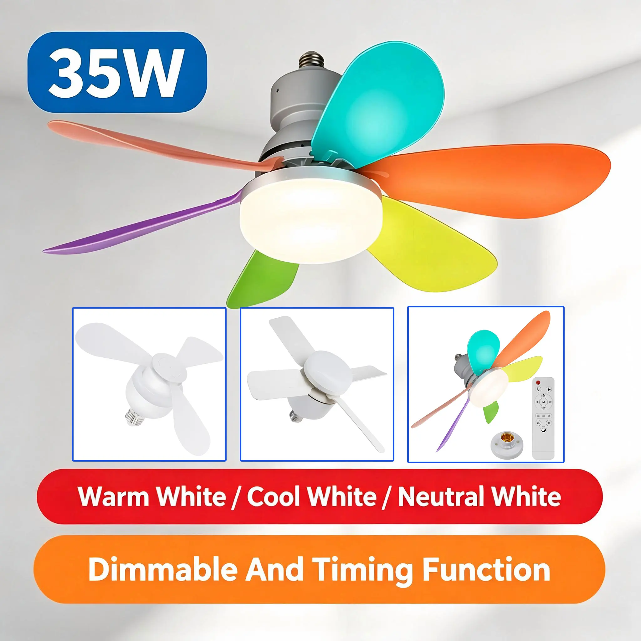 LED Colorful Ceiling Fan Light Bulb E27/E26 Fan Lamp With Remote Control Timing Dimmable For Children Bedroom Indoor Decoration