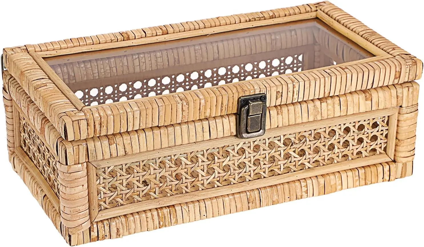 

Natural Woven Wicker Basket with Clear Lid and Lock - Vintage Rectangular Organizer for Home Storage and Decor
