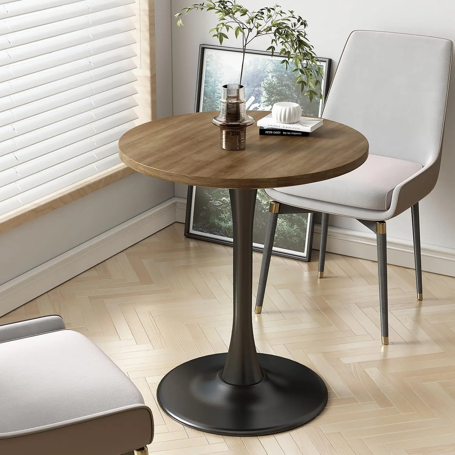 Brown Round Dining Table Wood Circle Tulip Table Mid Century Modern Farmhouse Kitchen Tables 2 People Small Places Living Room Cafe, 24 inch