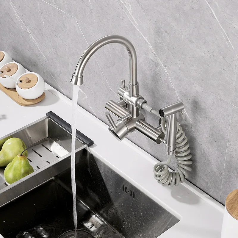 

Nickel 304 Stainless Steel Kitchen Sink Faucet Wall-mounted Hot Cold Mixed Water Sink Tap With Spray Gun Rotate Wash Basin Tap
