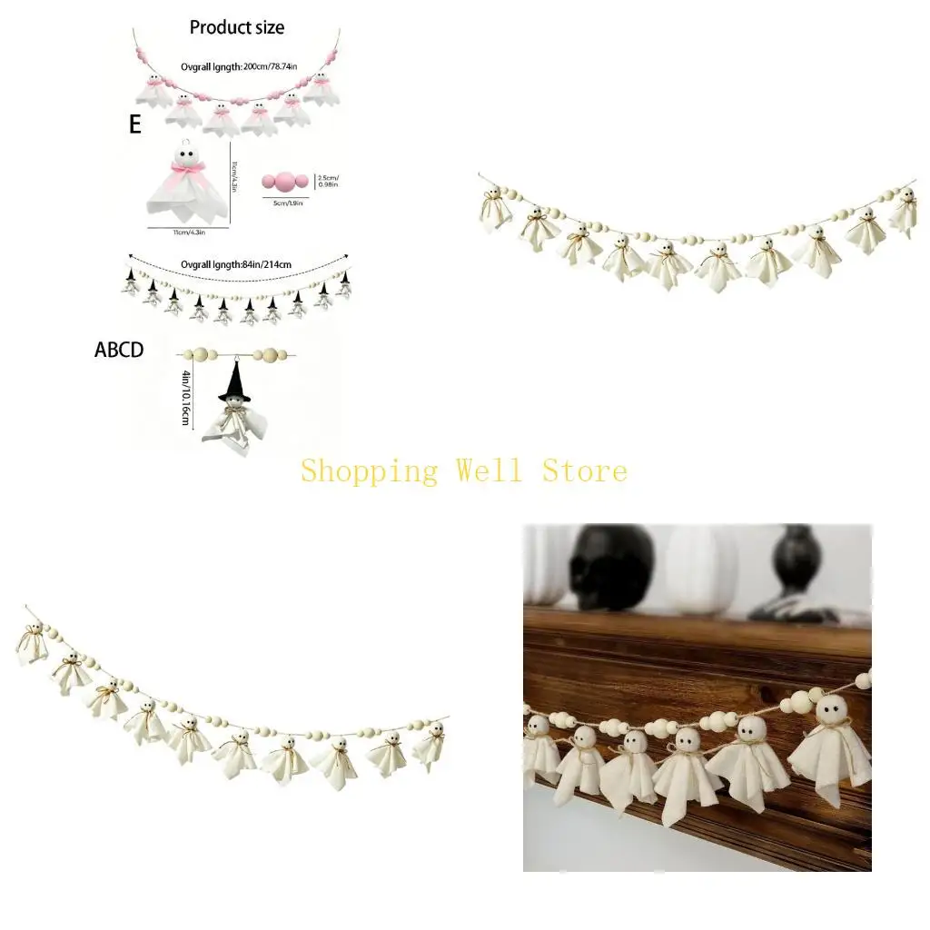 KX4B Mantel Ready Halloween Specters Garlands Fabric and Wooden Bead Hanging Decors for Wall Doorway Party Backdrops Styling