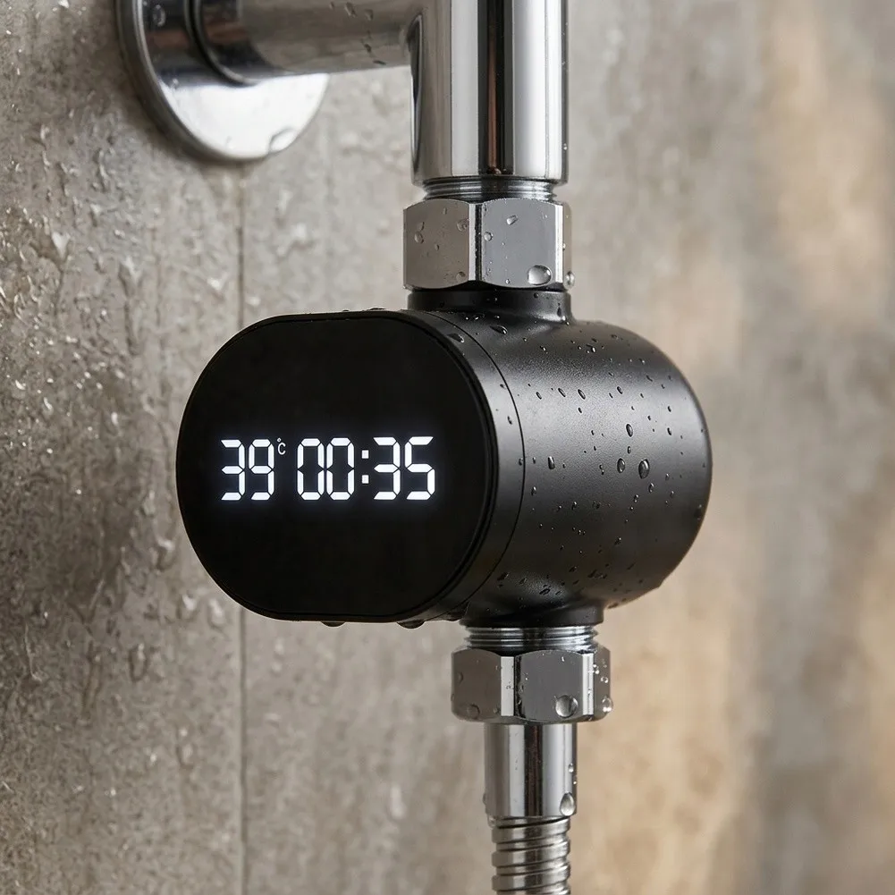 Digital Water Thermometer for Shower LED Display Shows and Duration Water Flow Powered No For Battery Required