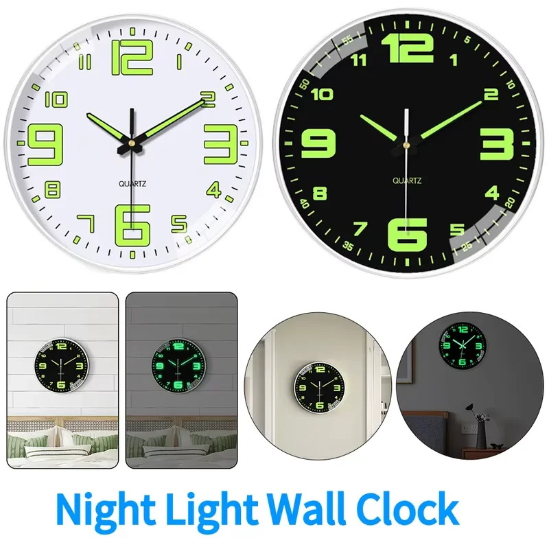 8 Inch Luminous Large Number Wall Clock, Silent Non Ticking Glow In The Dark Quartz Wall Watch for Bedroom Living Room Decor