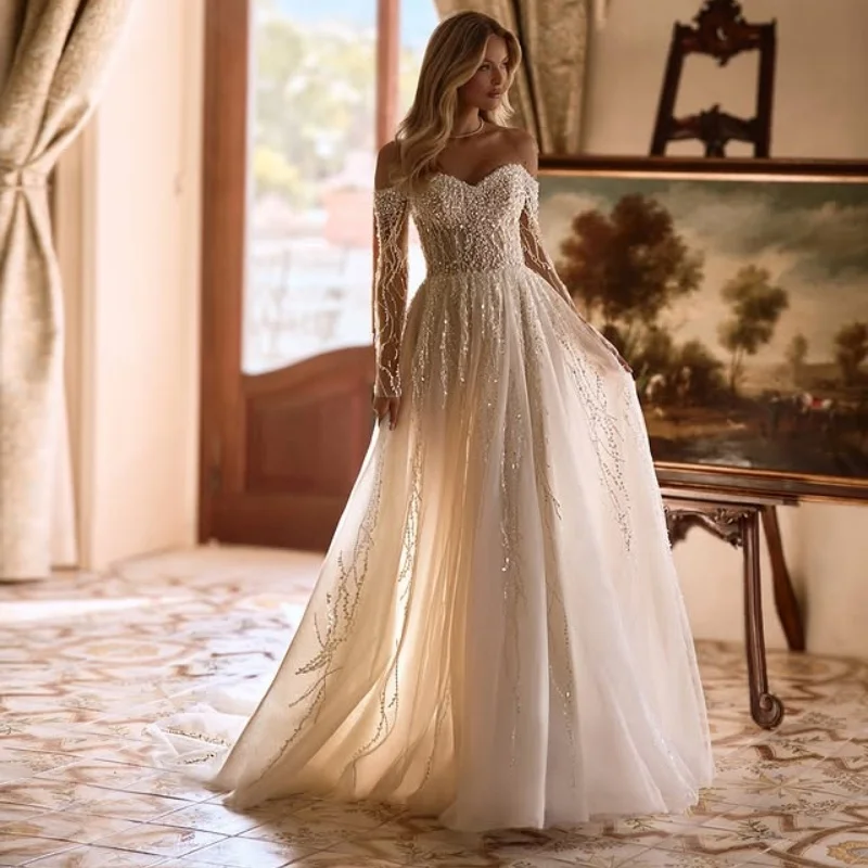 White Wedding Dresses of off-shoulder A-line glitter decal Pearl jewelry Bridal Gowns Made Customized