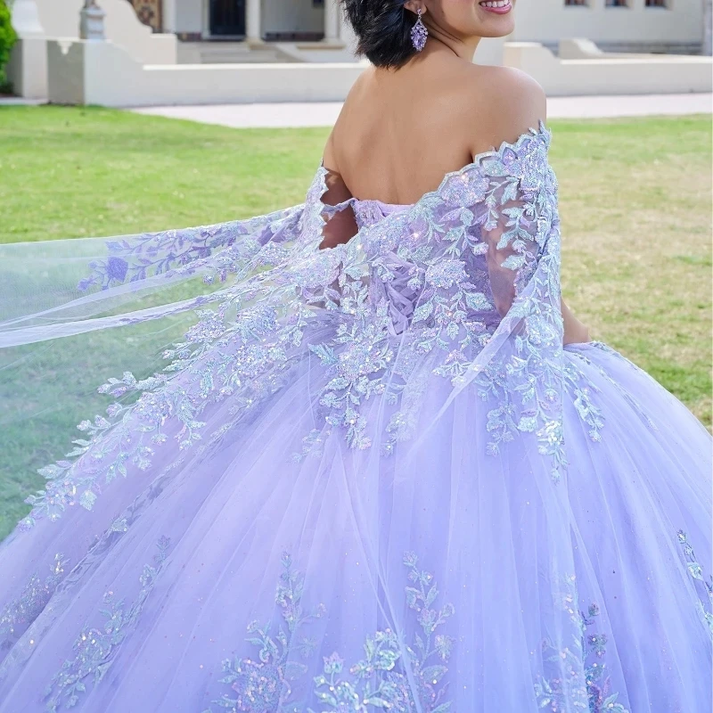 Lilac Sexy Off The Shoulder Ball Gown Quinceanera Dress Applique Lace Beads Tull With Cape Ribbons Corset Vestidos 15 De XV Años