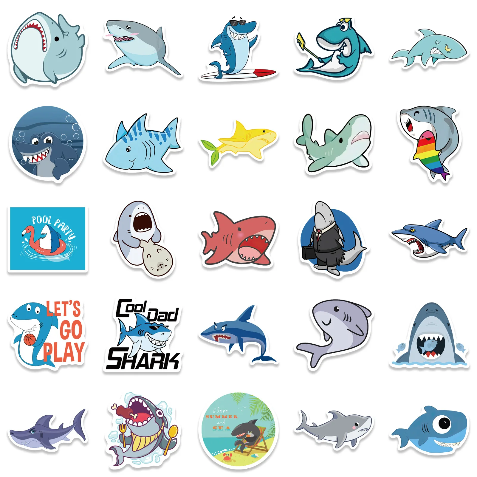 10/30/50PCS Cool Cartoon Shark Stickers Kids DIY Toy Gift Notebook Suitcase Stationary Bike Decoration PVC Sticker Funny Decals