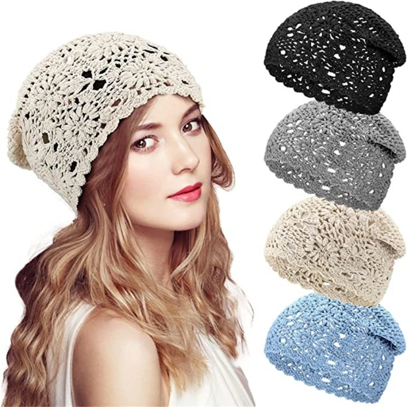 Crochet Slouchy Beanie Hat Handmade Knit Cutout Floral Skull Cap Cotton Knitted Breathable Summer Hats for Women