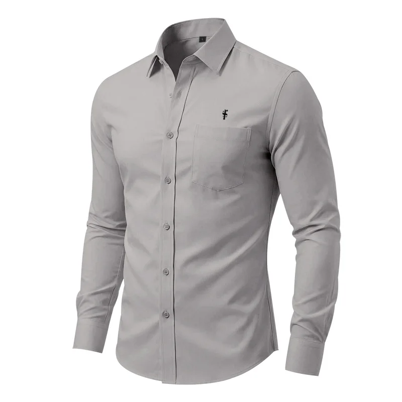 Men's Stretch No-Iron Shirt Cool Silk Cotton Four-Sided Note Hot Stamping Commuter Top