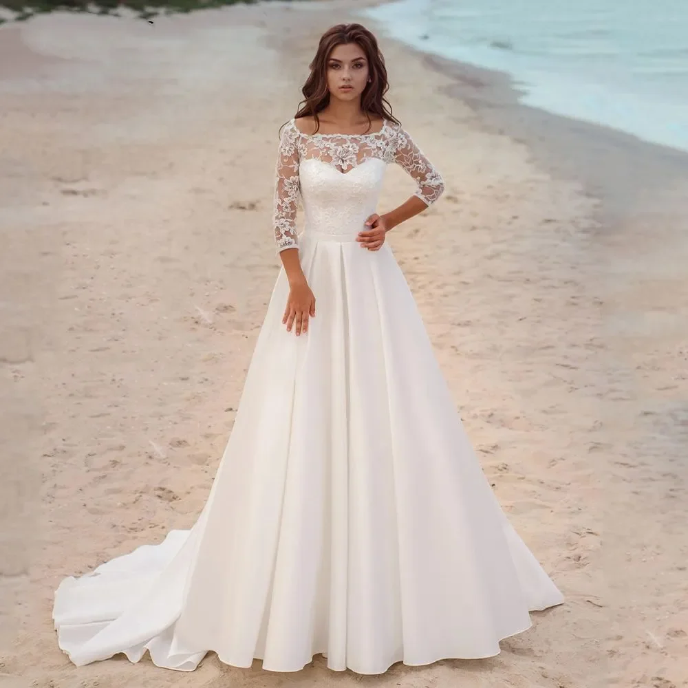 

Elegant A Line Wedding Dresses 2024 3/4 Long Sleeve Scoop Neck Lace Appliques Satin Beach Bridal Gowns For Women Robe De Mariee