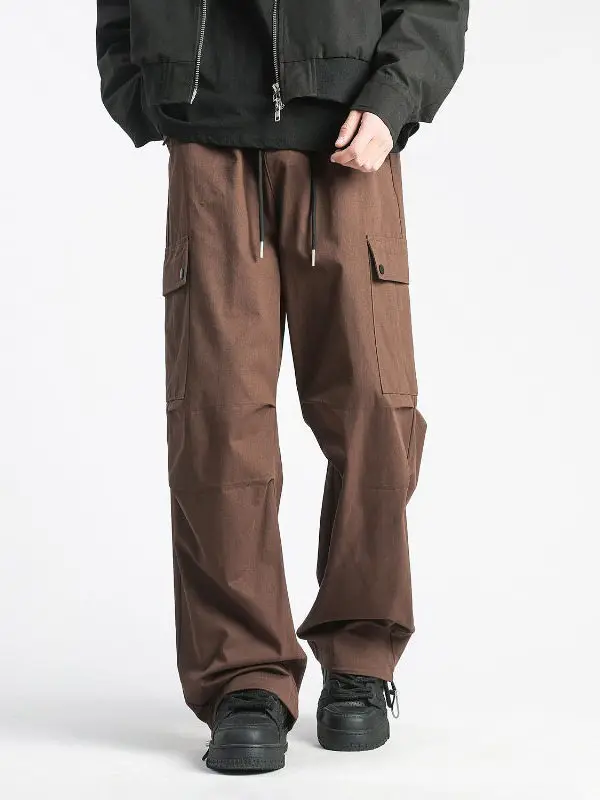 

American High Street Brown Work Pants Men's Trendy Vintage Straight Leg Wide Leg Soldier Pants Multiple kets Casual Pants