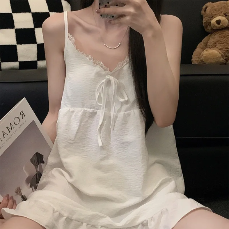 Solid Color Suspender Nightgown for Women in Summer High-end Cloud Cotton Sweet and Cute Home Clothes Camisones Para Dormir