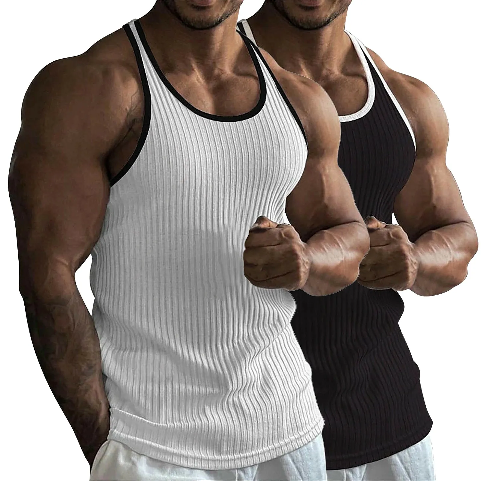 Men's Striped Knit Tank Top Summer Bodybuilding Vest Casual Sleeveless Tee Shirts Workout Undershirts
