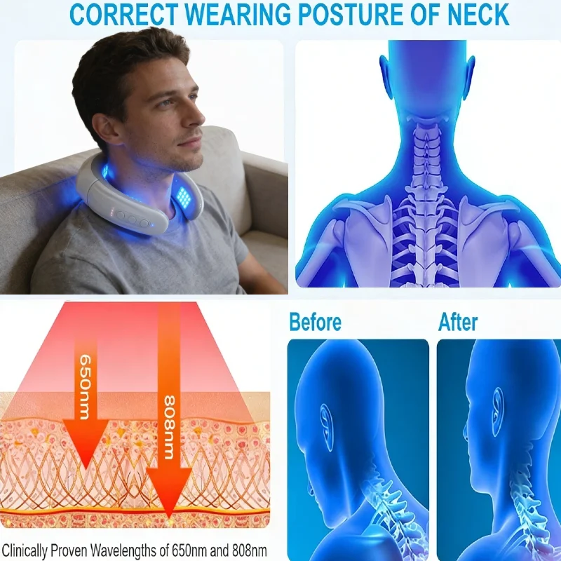 

Массажер для шеи с лазерной терапией 650 нм + 808 нм, беспроводное устройство для терапии красным светом с подогревом для шейного отдела позвоночника, снимает скованность суставов и мышц
