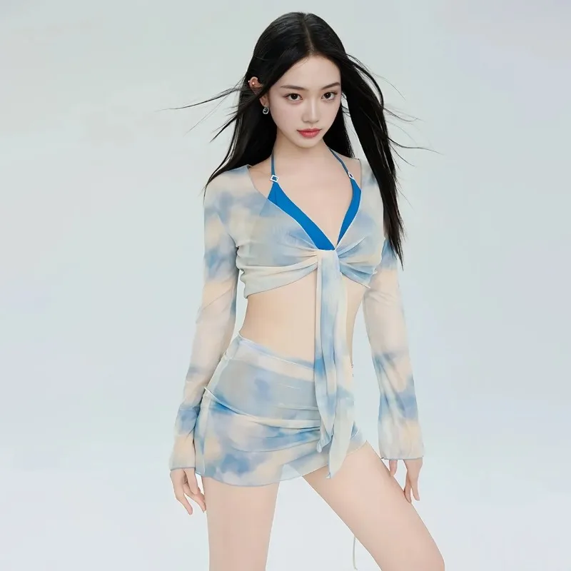 

Новый роскошный женский комплект из четырех предметов: сексуальное бикини с сетчатой накидкой в стиле тай-дай для пляжа и термальных источников