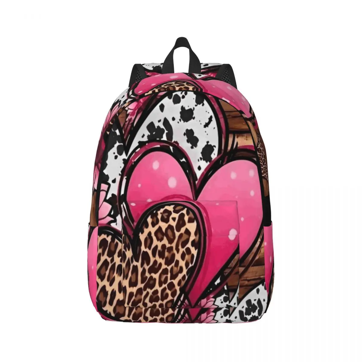Botanical Aesthetic Backpack Center Stacked Hearts Leopard Sunflower Western Girly Sublimation Pink B Women Girls Daypack Class