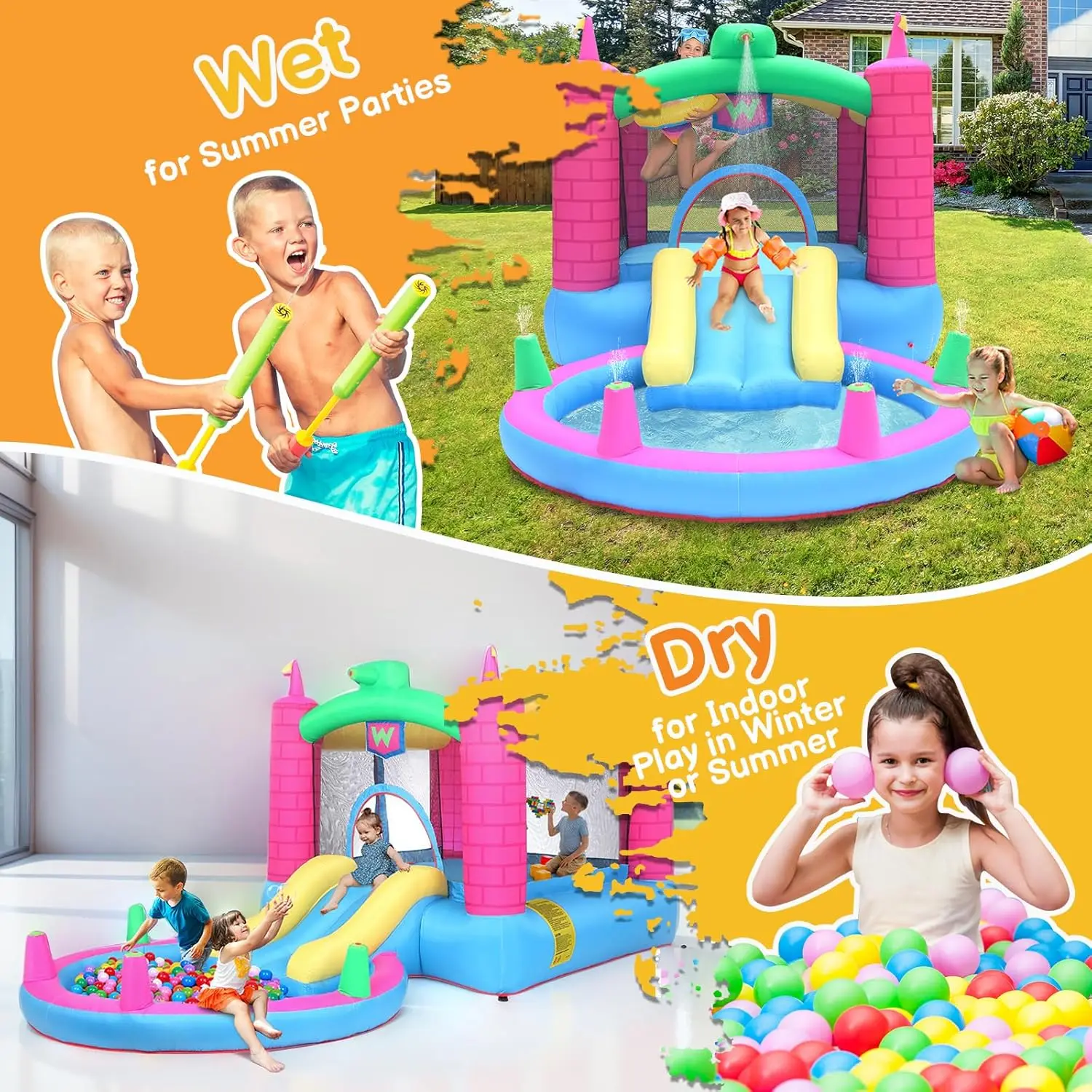 Casa gonfiabile rimbalzante con ventilatore d'aria da 350 W, castello da esterno per bambini che salta per cortile, parco, asilo, acqua rimbalzante Sli