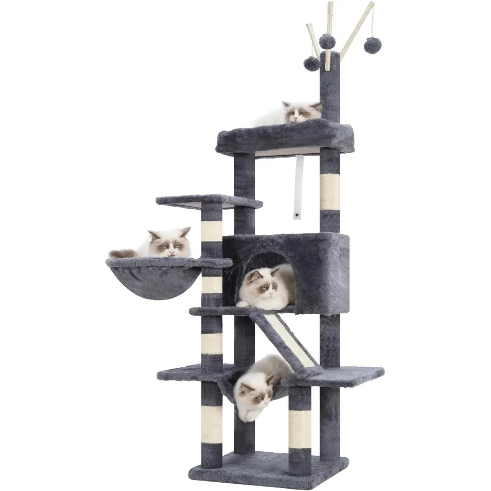 

Cat Tree, 63 inch Multi-Level Cats Tower for Indoor Cats, Cats Condo with Cat Scratching Post and Board, Cat Hammock, Smoky Gray