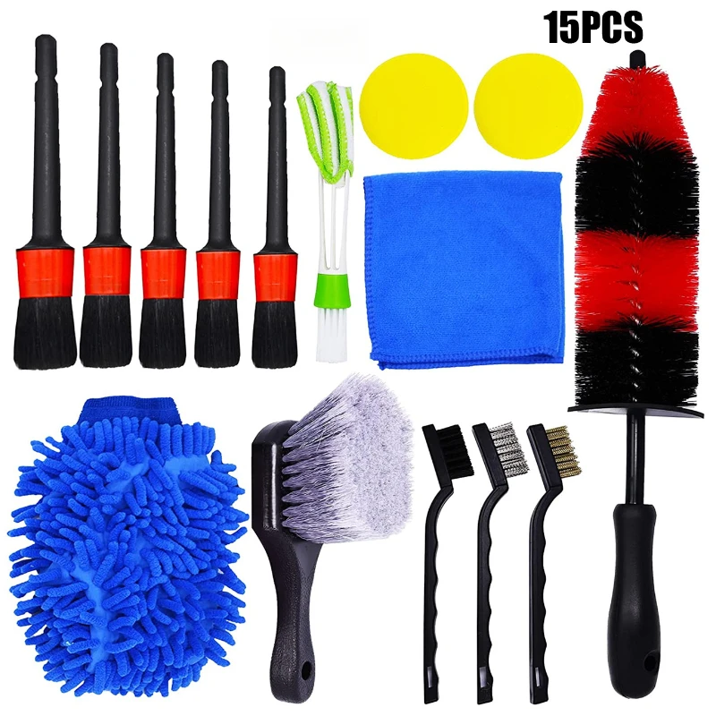 15PCS Car Beauty Tools Interior Air Conditioning Outlet Window Brush Wheel Hub Cleaning Brush Rag Car Wash Gloves