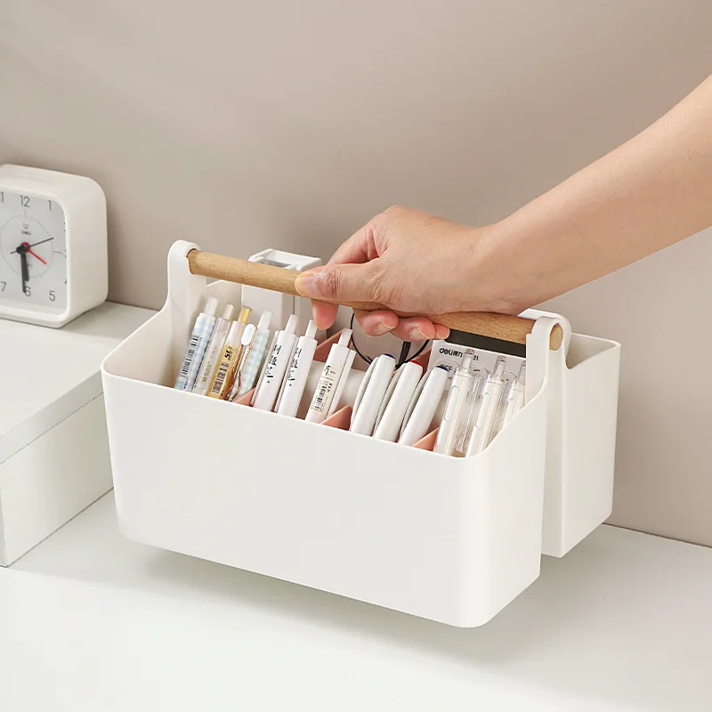 Large-Capacity Multifunctional Wooden Portable Storage Box School Office Portable Pen Container Desktop Sundries Storage Basket