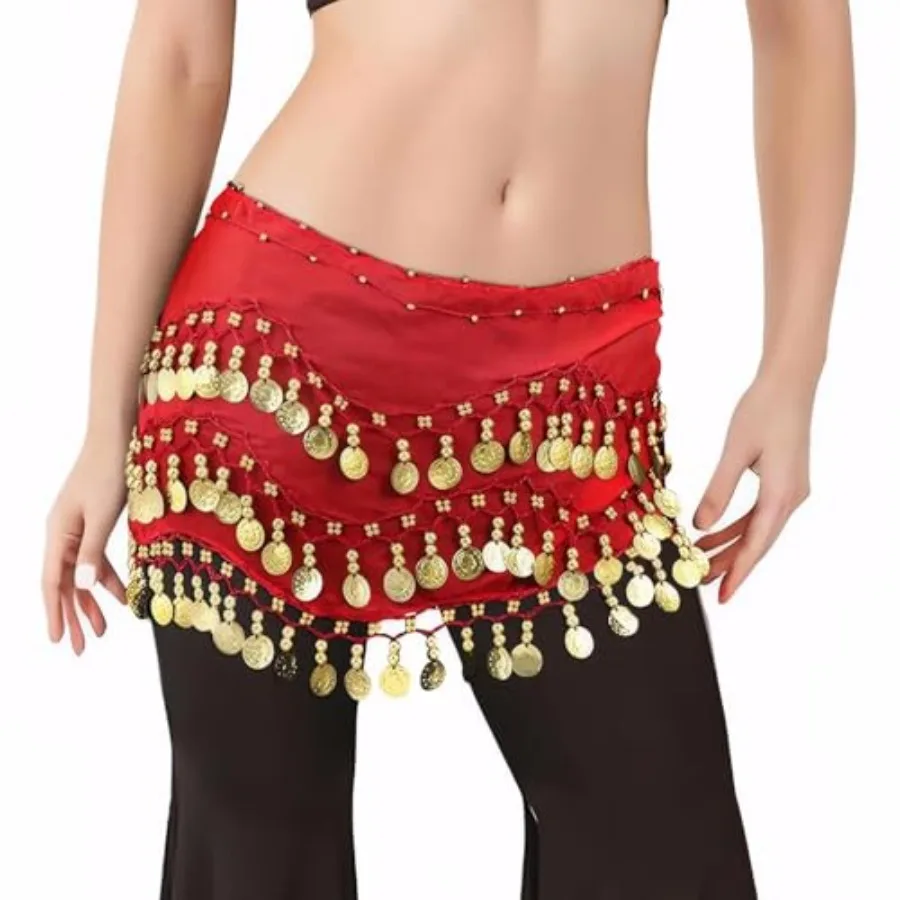

Belly Dance Hip Scarf, Red Dancer Outfit Skirt Women Costume Dancing Costumes for Belt Bellydance Scarves Coin Skirts for Yoga