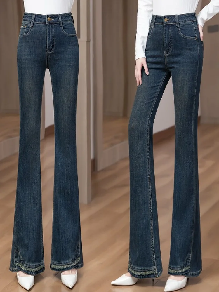 

Джинсы женские с высокой талией, расклешенные, прямого кроя, весна-осень, новая модная коллекция, облегающие, эластичные, утягивающие, из смесового хлопка и полиэстера