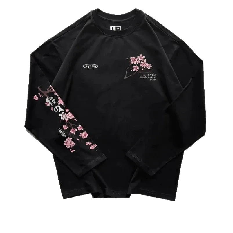 Japanese Aesthetic Streetwear Women Long Sleeve T‑Shirt Cherry Blossom Floral Kanji Print Crew Neck Loose Casual Graphic Tee Top