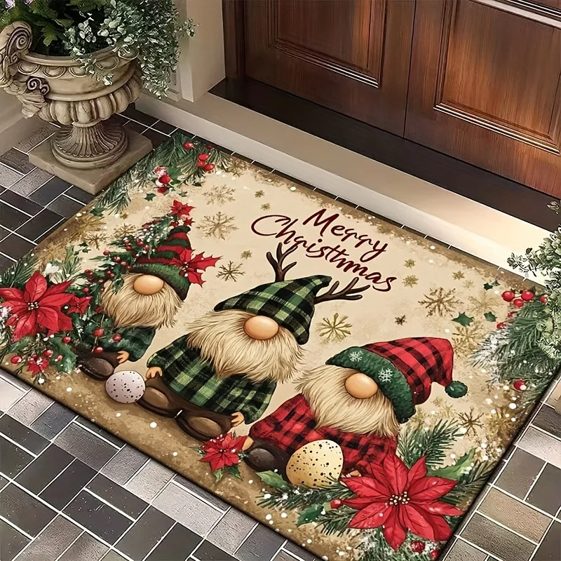 Gnome Christmas Flannel Door Mat Merry Christmas Poinsettia Snowflake Pine Leaf Print Non‑Slip Rug Indoor Entry Holiday Decor