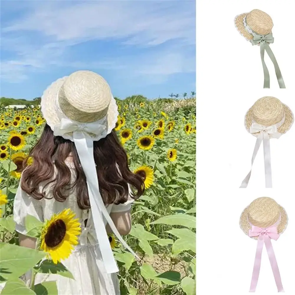 Elegant Bow Lace Ribbon Straw Hat Wide Brim Breathable Sun Visor Cap Pastoral TeaParty Sunhat for Woman Girls