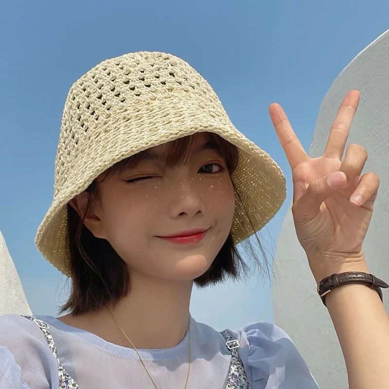 Summer Handmade Crochet Floppy Hats Collapsible Dome Bucket Hat Hollow Out Solid Color Beach Caps Simple Soft Women Hat 2024