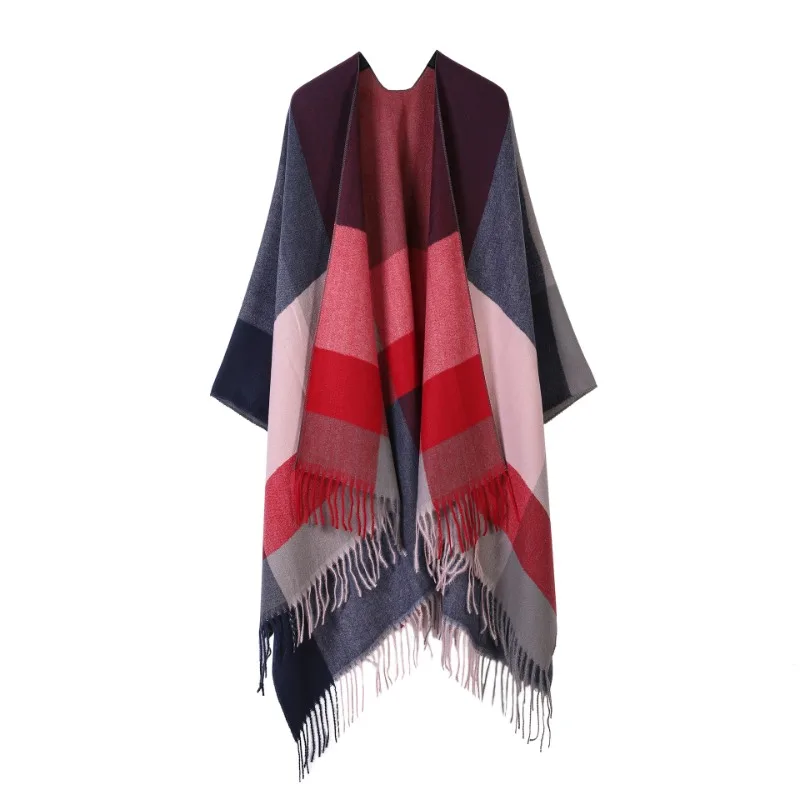 Gradient Colors Shawl Capes Printed Plaid Cardigan Loose Poncho Blanket Women Faux Cashmere Cloak Big Pendulum Out Streetwear