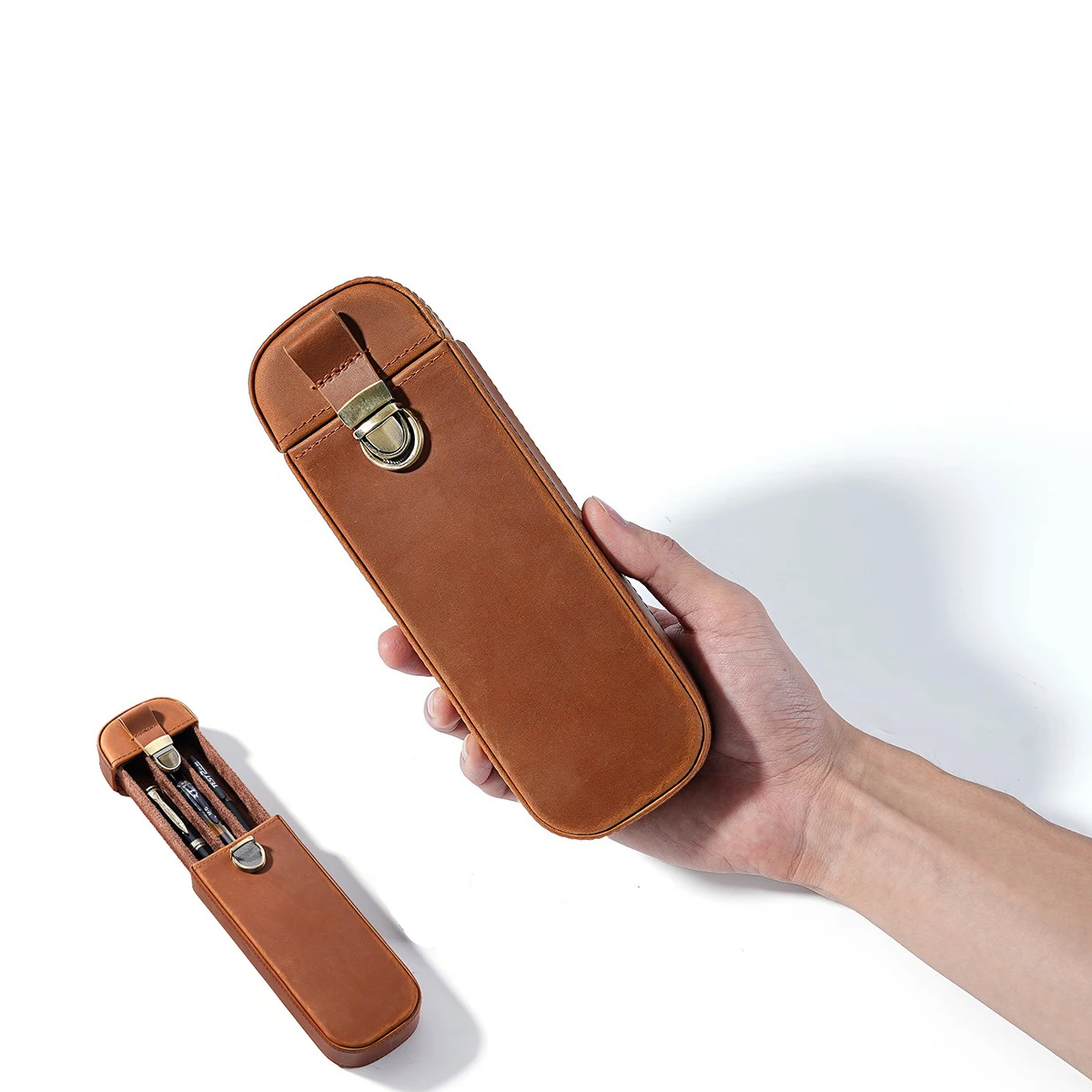 Full Grain Crazy Horse Leather 3 Slot Pen Case Tray Style Fountain Pens Holder Portable Fountain Pen Storage Case for Men Gift