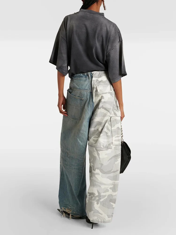 TWOTWINSTYLE Hit Color High Street Designer Loose Denim Pants For Women Spliced Zipper Pocket Wide Leg Long Pants Female Fashion