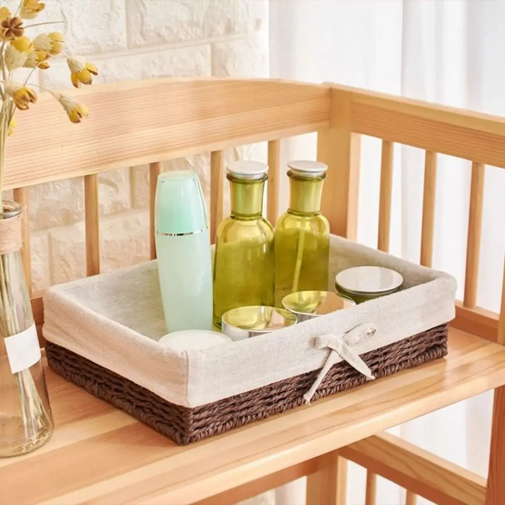 Rectangular Handmade Rattan Storage Baskets French Style Save Space Cosmetics Storage Box Bow Bohemian Style