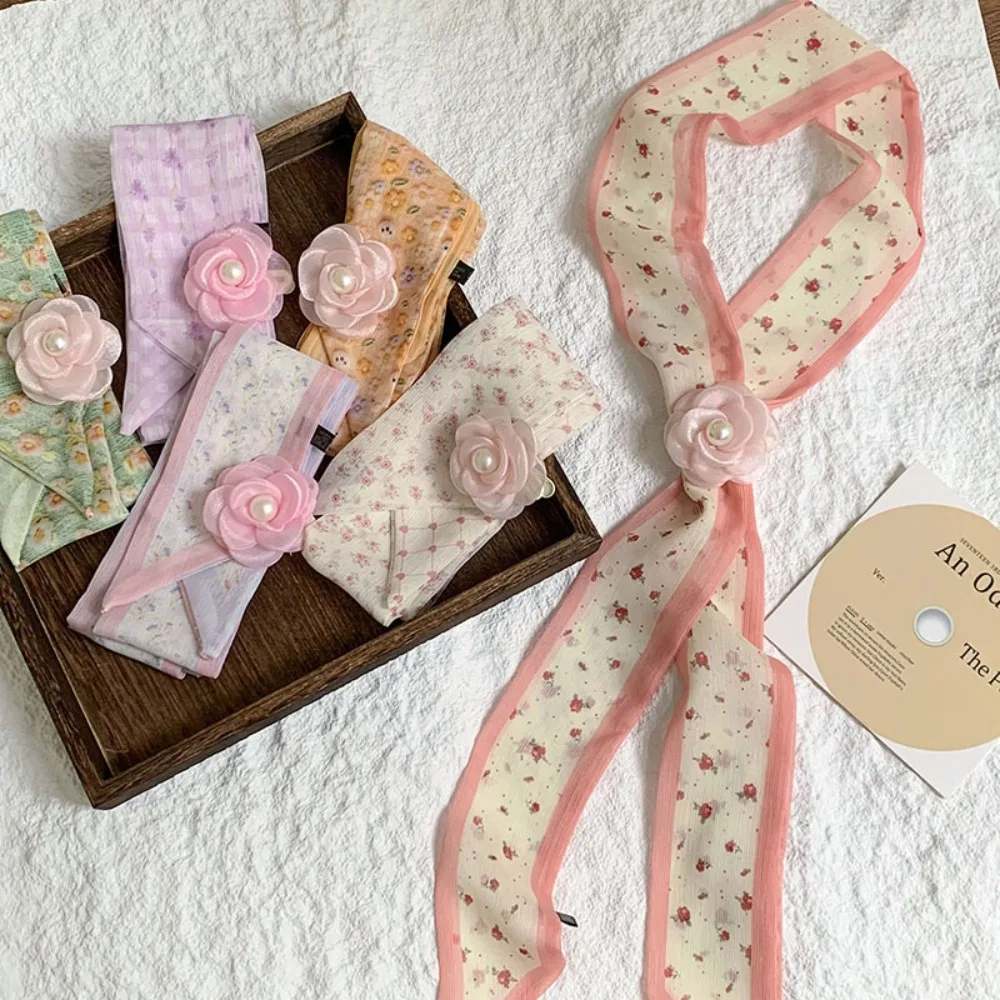 

Fashion Thin Floral Scarf Long with Removable Rose Narrow Neck Scarves Soft Breathable Versatile Headband Belt