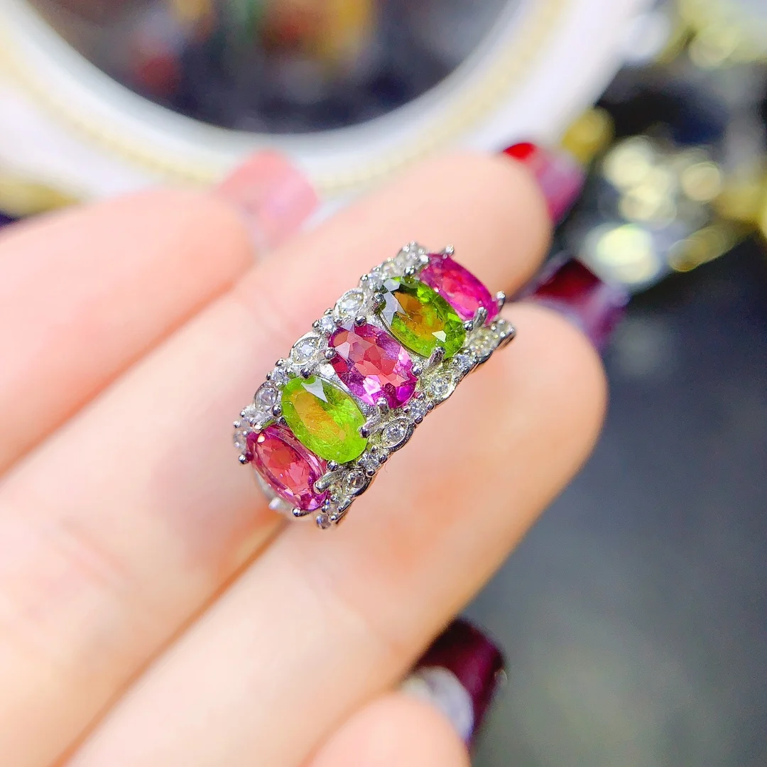 

FS 4*6mm Natural Tourmaline Ring S925 Sterling Silver for Women Fine Fashion Charm Weddings Jewelry MeiBaPJ With Certificate