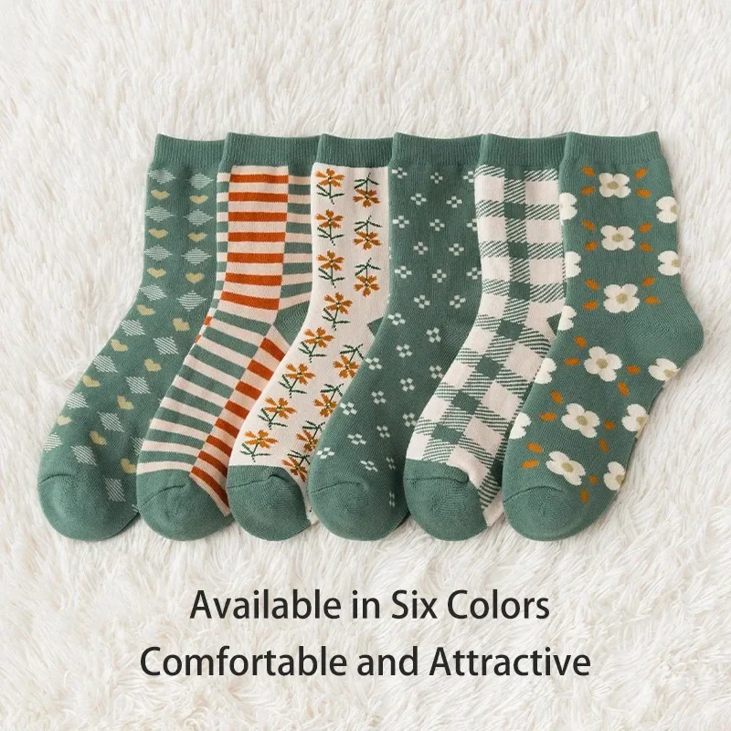 6 Pairs Women's Thick Warm College Style Loop Cuff Socks Autumn Winter Cartoon Flower Checkered Striped Sweet Style