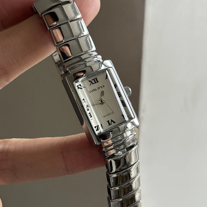 Elegant women's wristwatch, chain watch, small dial, rectangular, simple women's wristwatch, silver steel strap watch.