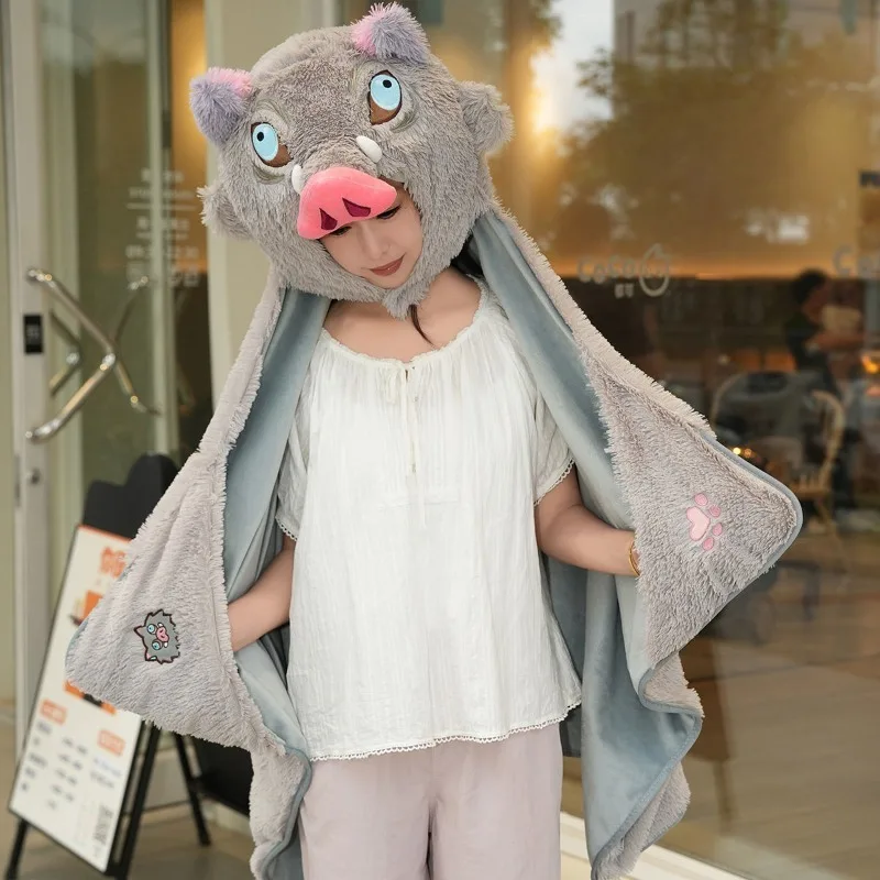 Demon Slayer Hashibira Inosuke cartoon cute hooded cloak shoulder blanket warm air conditioning blanket for student dormitories