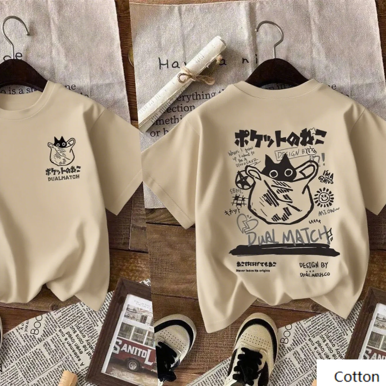 

Хлопковая футболка Cat in Bag Emblazoned для любителей аниме, модная брендовая футболка из чистого хлопка с принтом, с коротким рукавом, унисекс, с круглым вырезом