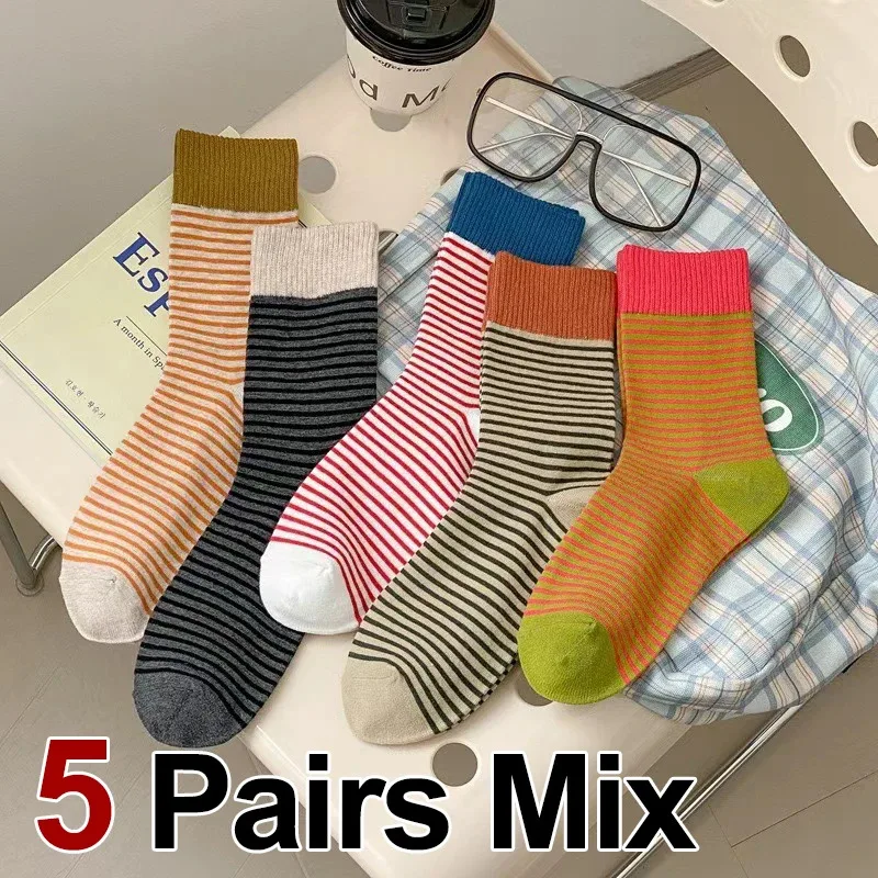 

5 Pairs of Striped Knitted Mid-Tube Socks for Women Autumn Winter Comfortable Soft Casual Fashion College Style Socks