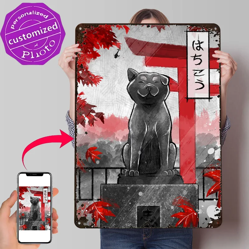 Hachiko Statue With Torii Gate 3D Texture Metal Poster Customized Wall Art Tin Sign Gift for Mancave Room Decorating Interior