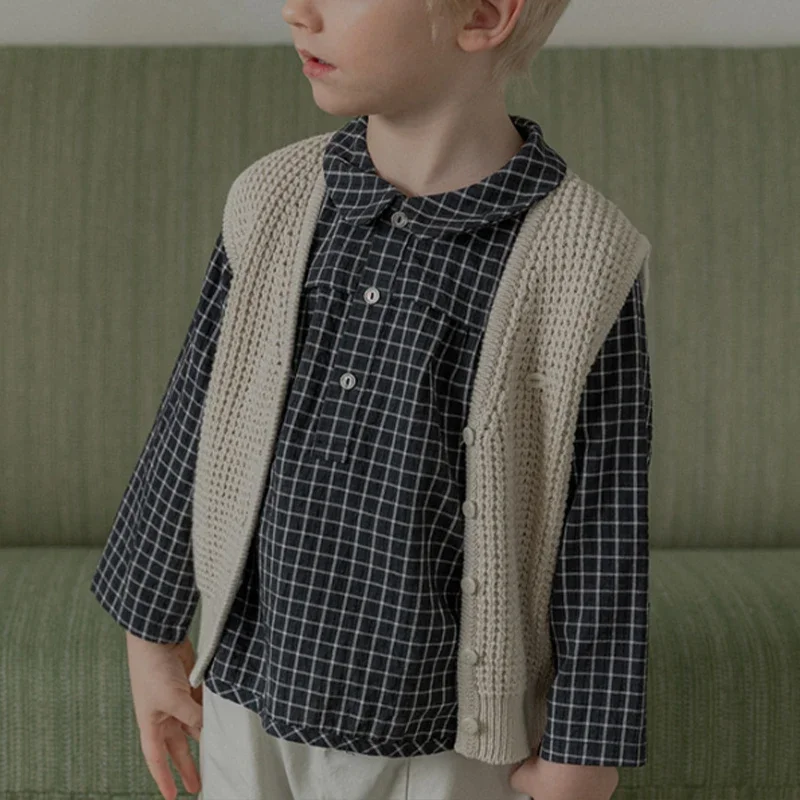 

Autumn Winter Boys' Shirts New Retro Black Plaid Collar Buttons Casual Cotton Long Sleeved Shirt Girls' Clothes children shirts