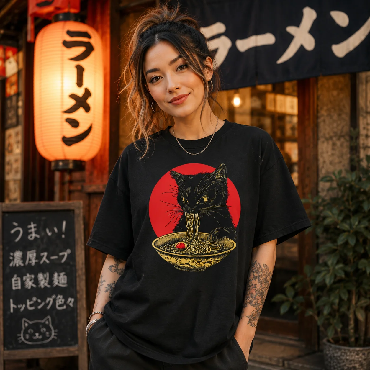 Black Cat Ramen T Shirt for Women, Japanese Food Graphic Tee, Vintage Cat Lover Shirt, Kawaii Anime Style Gift